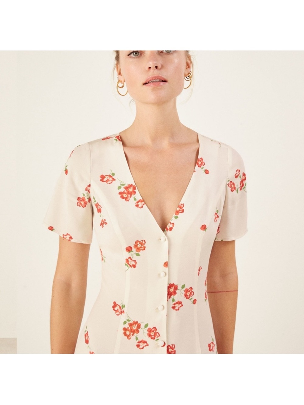 Reformation Cream Midi Dress with Red Floral Print - Picture 3 of 7